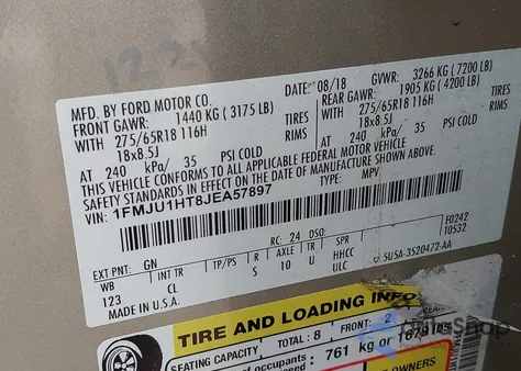 2018 Ford Expedition Xlt z USA, uszkodzony, nr VIN 1FMJU1HT8JEA57897